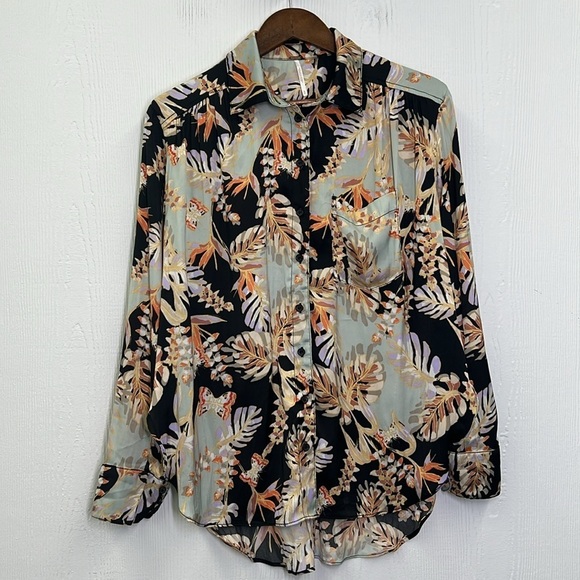 Free People - Under The Palms Black Multicolored Button Down Blouse Shirt Small - Picture 7 of 12